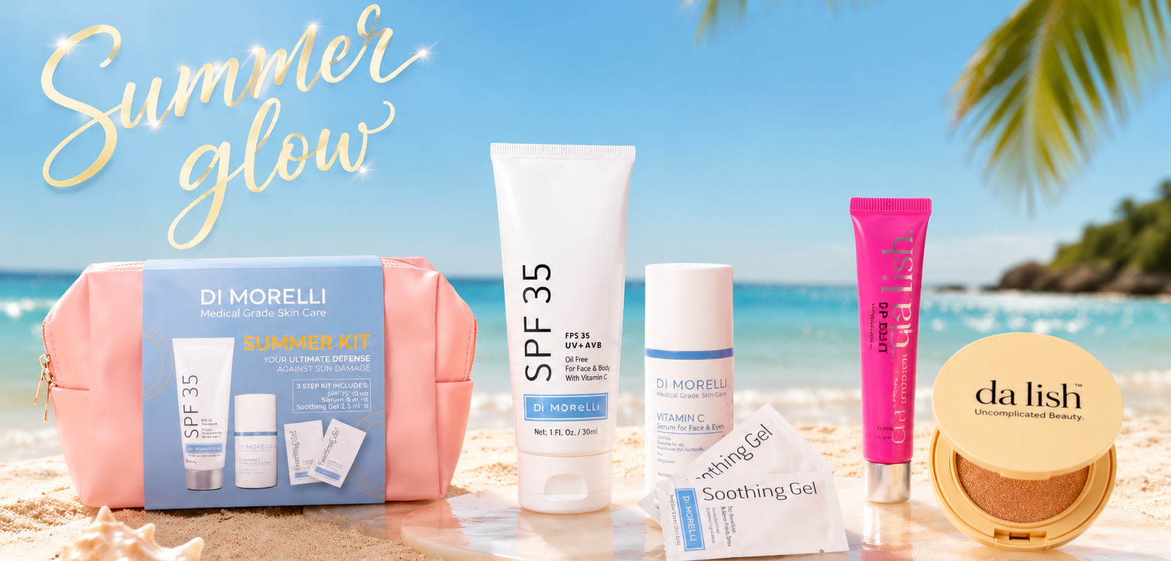Skincare products on a beach with 'Summer Glow' text and ocean view